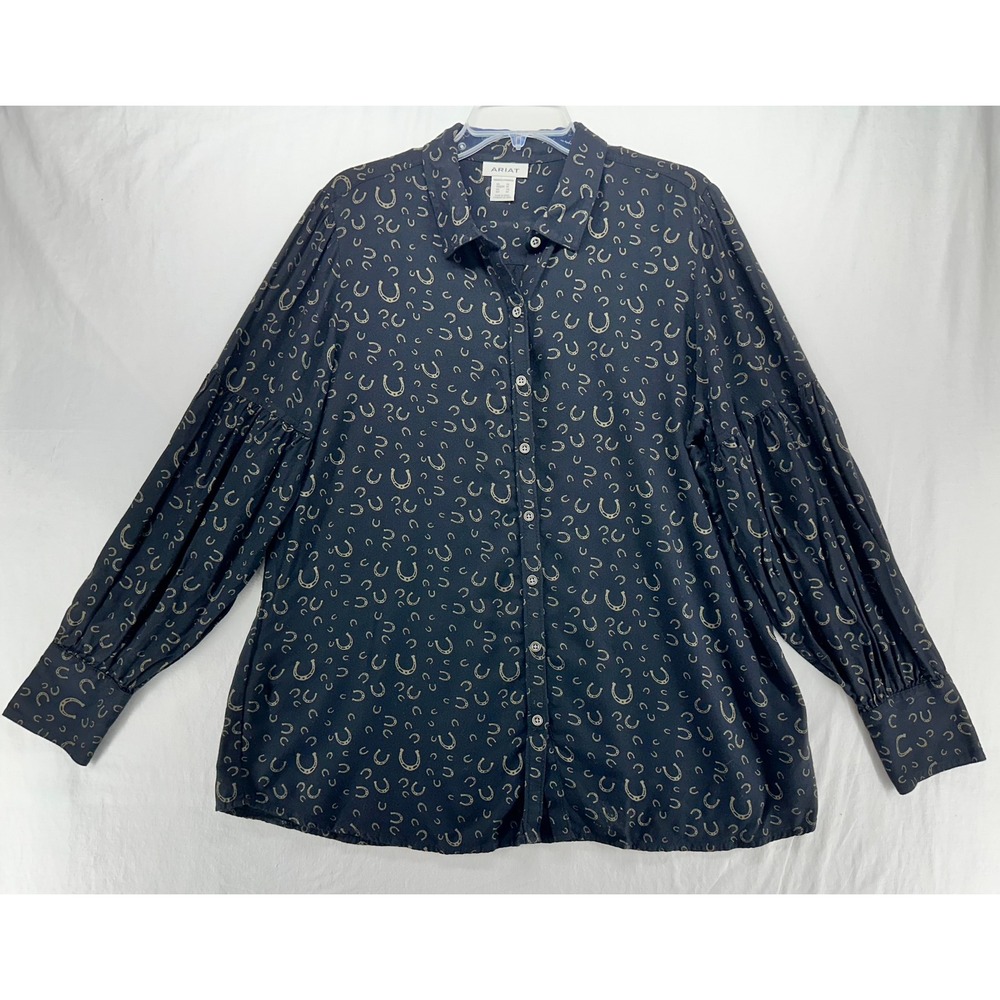 Ariat Blinged Out Horseshoe Print Button Front Blouse Black XL Western Cowgirl - Picture 2 of 10